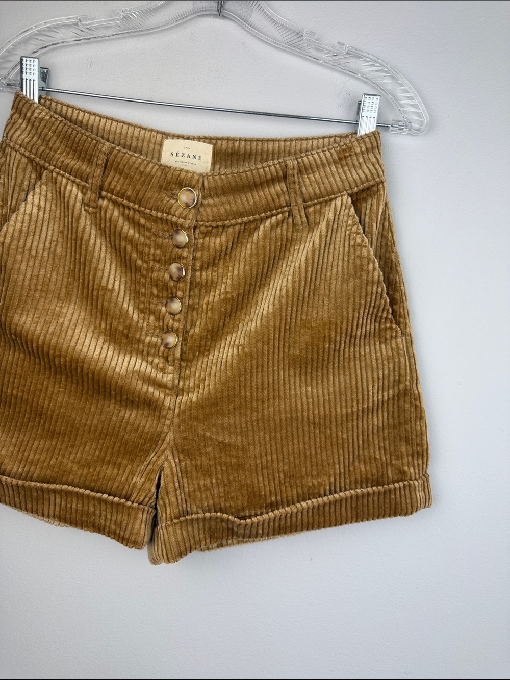 Sezane Maddie Shorts Dark Beige High Waist Pockets Cuffed Corduroy Size 4 Fall - Picture 5 of 16